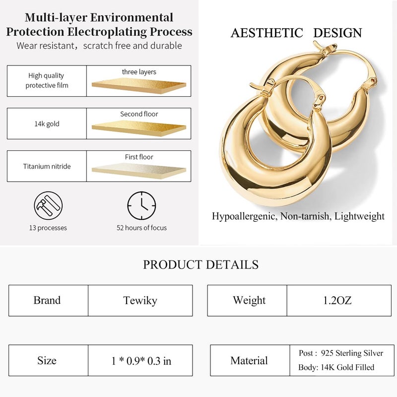 Tewiky Chunky Gold Hoop Earrings for Women, 14k Gold Plated Thick Triple Hoop Earrings Hypoallergenic Trendy Chunky Gold Hoops Earrings Dainty Jewelry Gifts for Women - Image 5